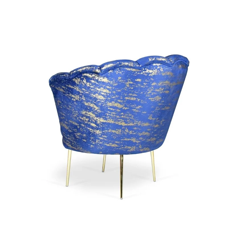 Poltrona a conchiglia rivestita in velluto blu e fantasia oro - Orel