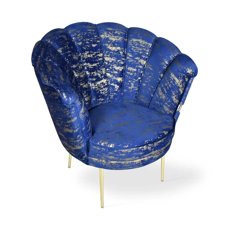 Poltrona a conchiglia rivestita in velluto blu e fantasia oro - Orel