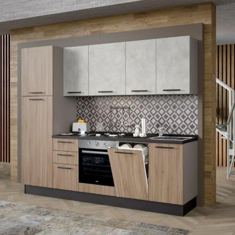 Cucina moderna con elettrodomestici inclusi 255 cm noce chiaro e spatolato - Licola