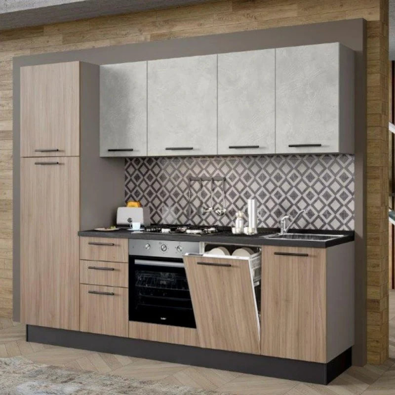 Cucina moderna con elettrodomestici inclusi 255 cm noce chiaro e spatolato - Licola