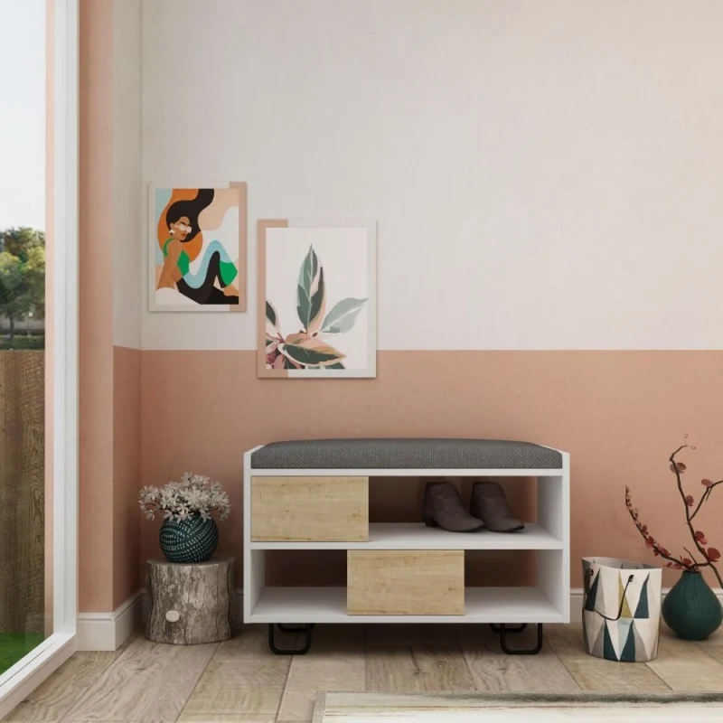 Panca scarpiera con cuscino colore bianco e rovere - Troy