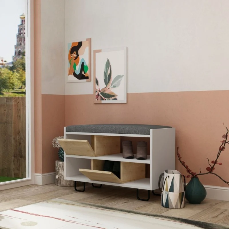 Panca scarpiera con cuscino colore bianco e rovere - Troy