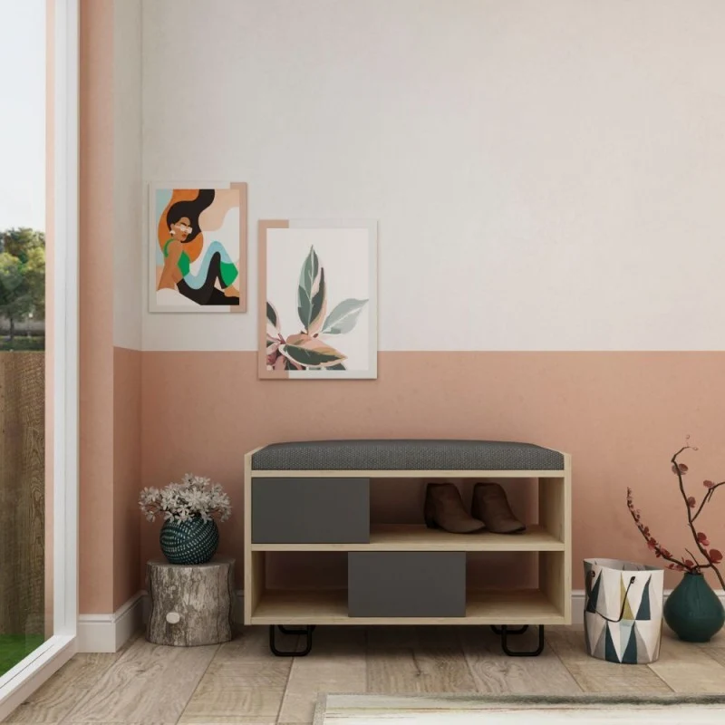 Panca scarpiera con cuscino colore rovere e antracite - Troy