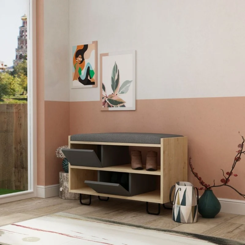 Panca scarpiera con cuscino colore rovere e antracite - Troy