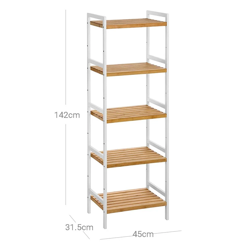 Étagère en bambou 5 tablettes meuble de rangement pour salle de bain cuisine chambre 45 x 31 5 x 142 cm charge 60 kg couleur boisée et blanc 12_0003570