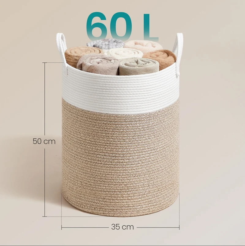Panier à linge corbeille de rangement 35 x 35 x 50 cm pour jouets couvertures chambre buanderie en corde coton blanc 12_0012405