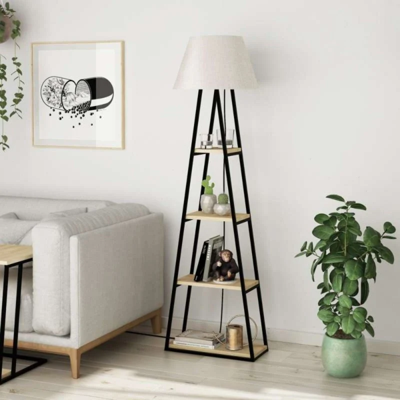 Lampada da terra in metallo nero con mensole rovere 50x165H cm - Pal