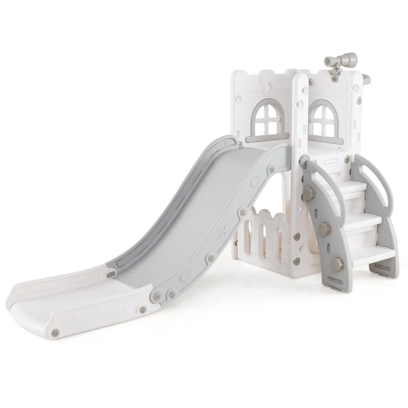 Toboggan 6 en 1 pour tout-petits 69 x 145 x 85 cm avec télescope et grimpeur style moderne en HDPE gris et blanc 20_0014346