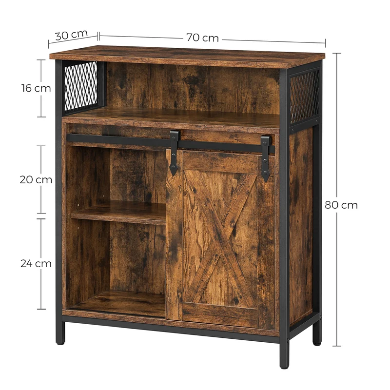 Meuble de rangement buffet 70 x 30 x 80 cm avec porte de grange coulissante compartiment ouvert étagère réglable style industriel pour entrée salon cuisine bureau marron rustique et noir 12_0006430
