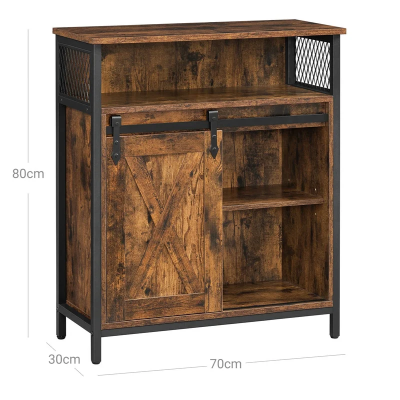 Meuble de rangement buffet avec porte de grange coulissante compartiment ouvert étagère réglable style industriel pour entrée salon cuisine bureau 80 cm marron rustique et noir 12_0003254