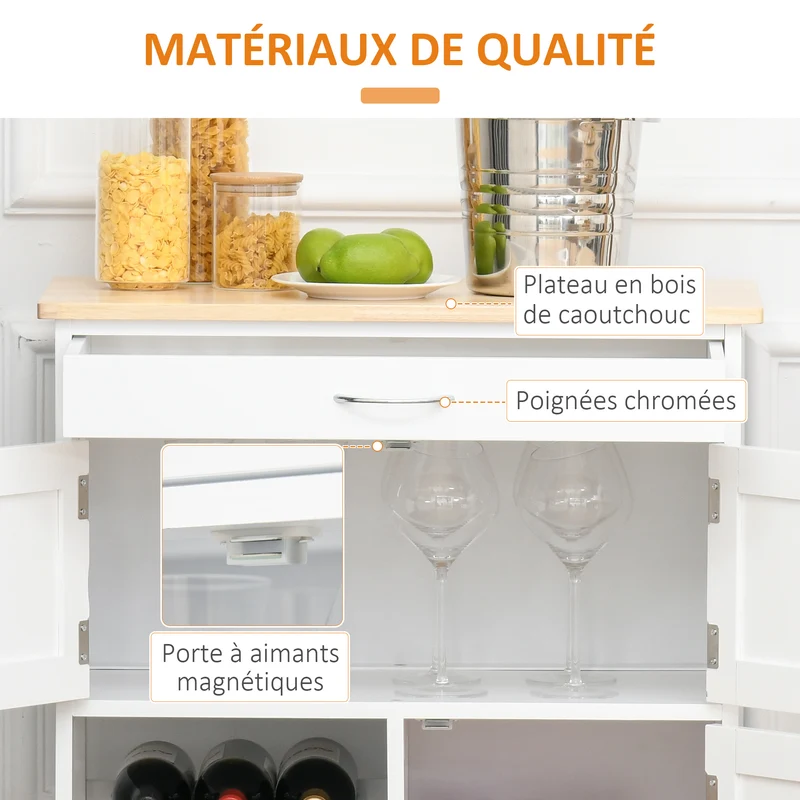 Desserte de cuisine à roulettes 67 x 37 x 87 cm tiroir casier 9 bouteilles finition vernie contemporain en MDF blanc 21_0001013