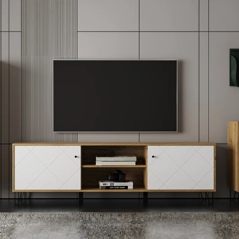 Mobile porta TV con 2 ante e vano colore rovere e bianco - Bollo