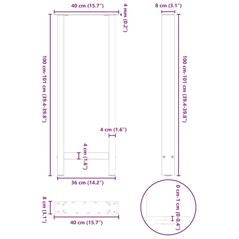 Lot de 2 pieds de table de bar réglables design moderne 40 x 100-101 cm en acier anthracite 02_0057578