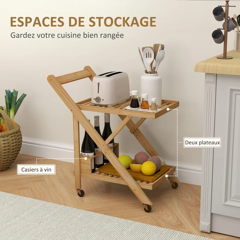 Desserte de cuisine pliable 2 plateaux 3 casiers roulettes freinées 66 x 40 x 70 cm scandinave en bambou bois naturel 21_0001051
