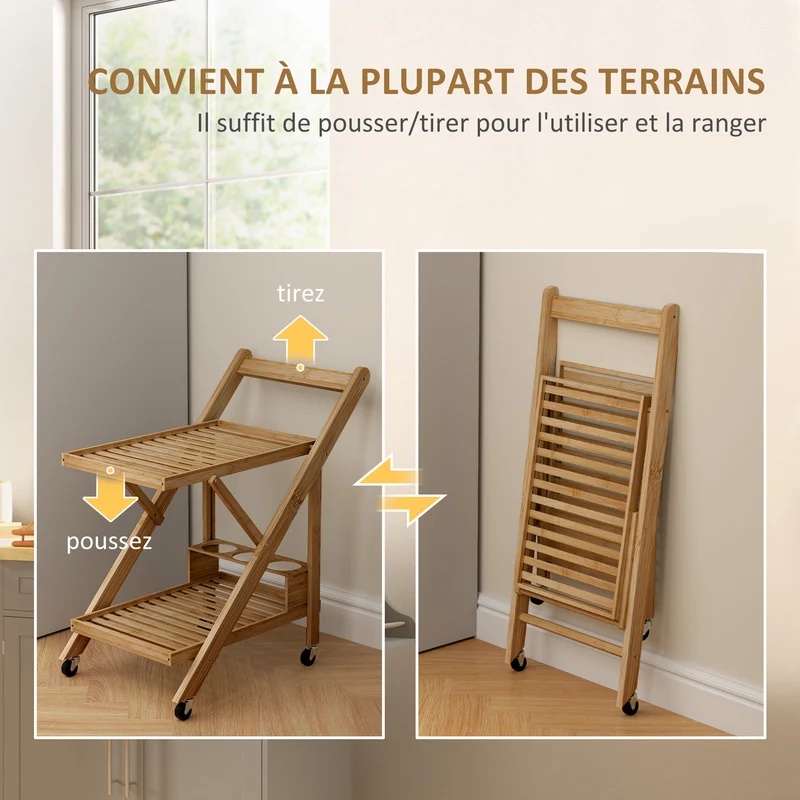 Desserte de cuisine pliable 2 plateaux 3 casiers roulettes freinées 66 x 40 x 70 cm scandinave en bambou bois naturel 21_0001051
