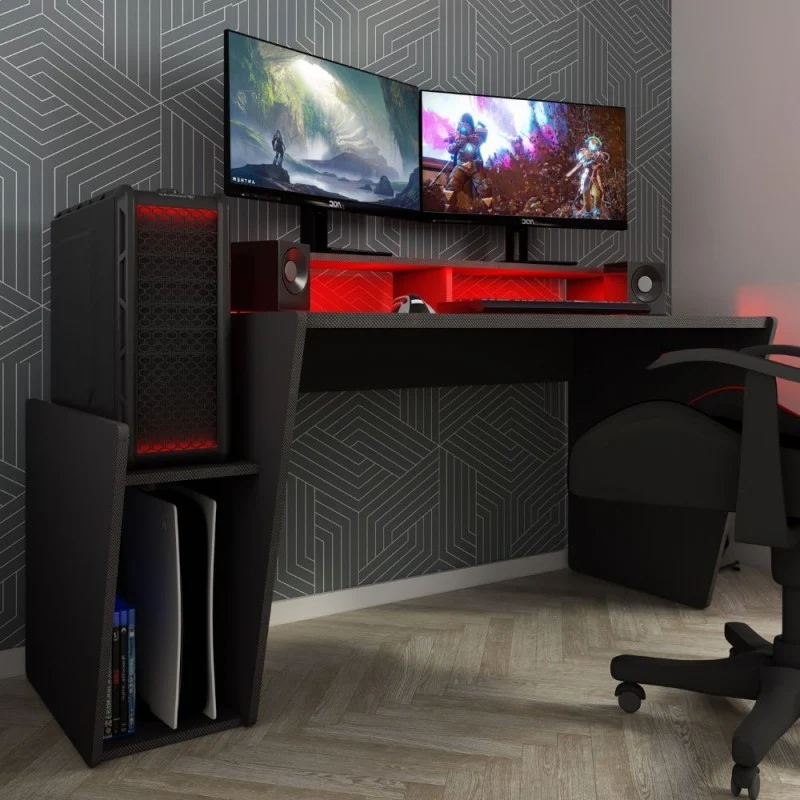 Scrivania reversibile da gamer colore antracite con doppio ripiano e luci Led