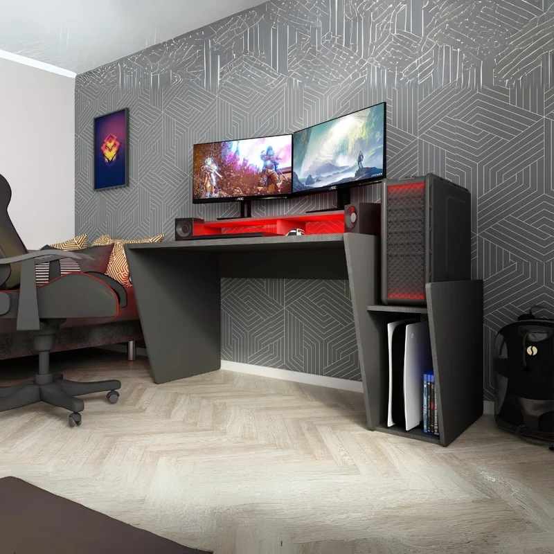 Scrivania reversibile da gamer colore antracite con doppio ripiano e luci Led