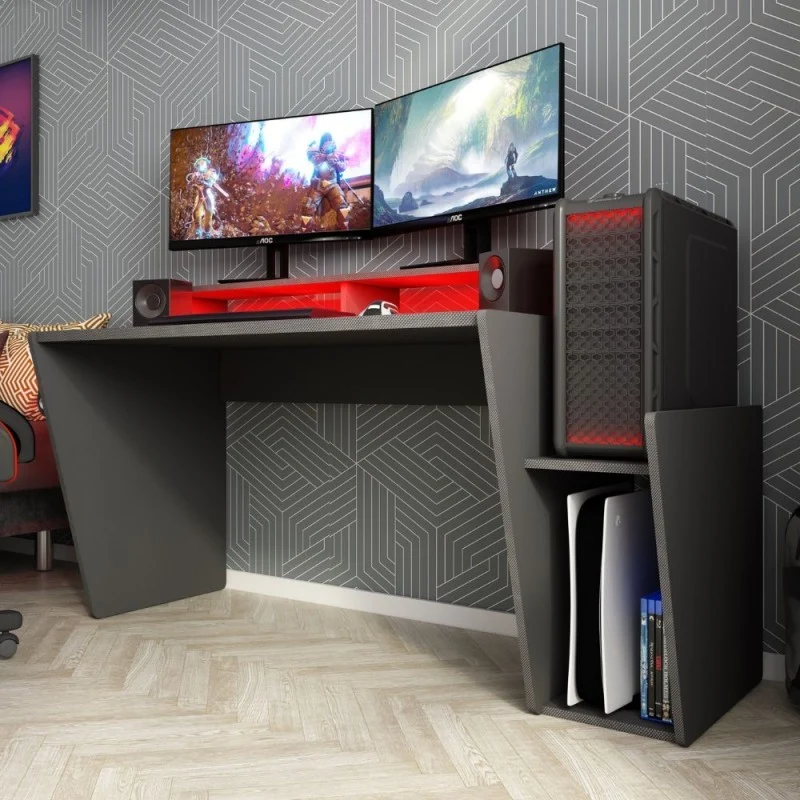 Scrivania reversibile da gamer colore antracite con doppio ripiano e luci Led
