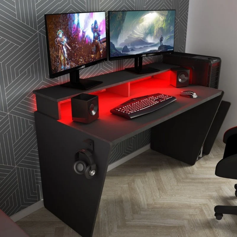 Scrivania reversibile da gamer colore antracite con doppio ripiano e luci Led