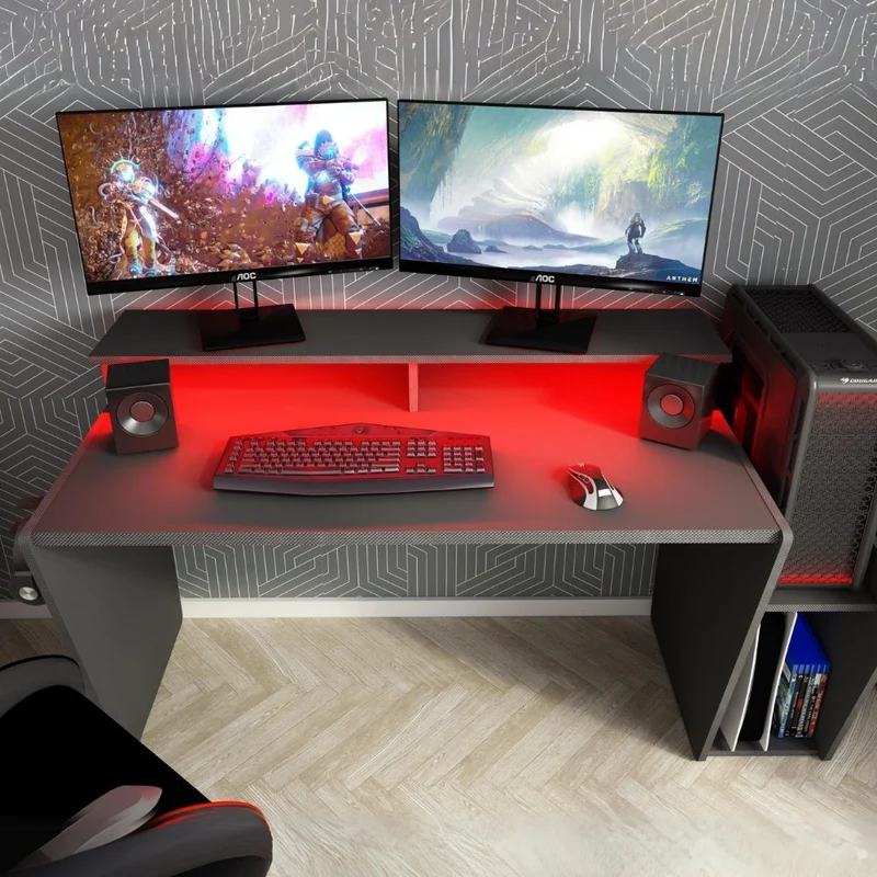 Scrivania reversibile da gamer colore antracite con doppio ripiano e luci Led