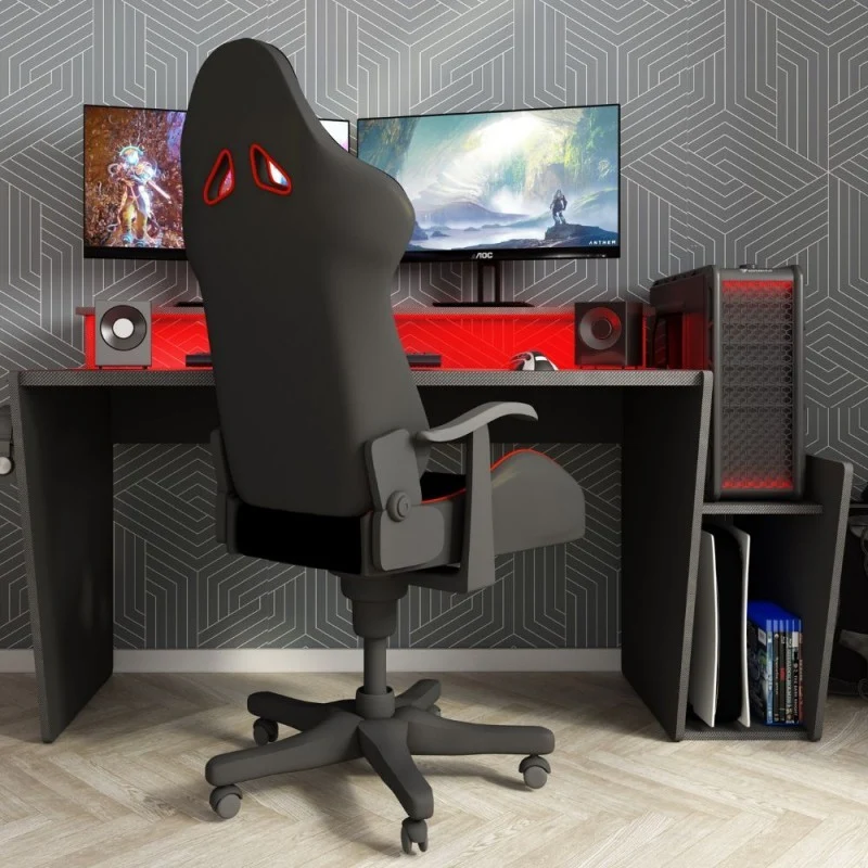 Scrivania reversibile da gamer colore antracite con doppio ripiano e luci Led