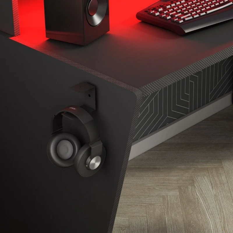 Scrivania reversibile da gamer colore antracite con doppio ripiano e luci Led