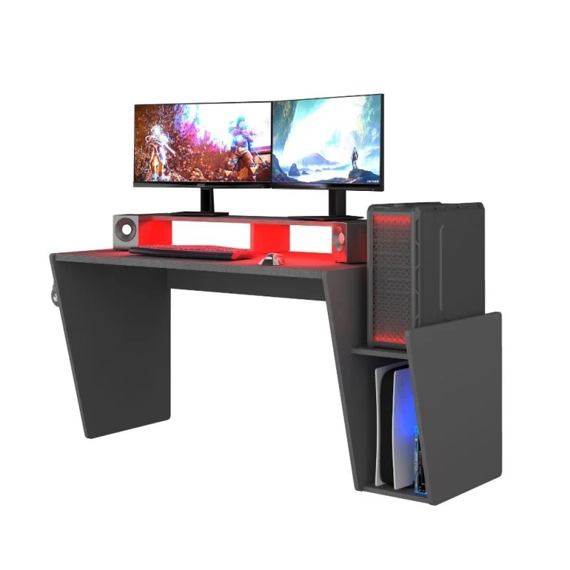 Scrivania reversibile da gamer colore antracite con doppio ripiano e luci Led