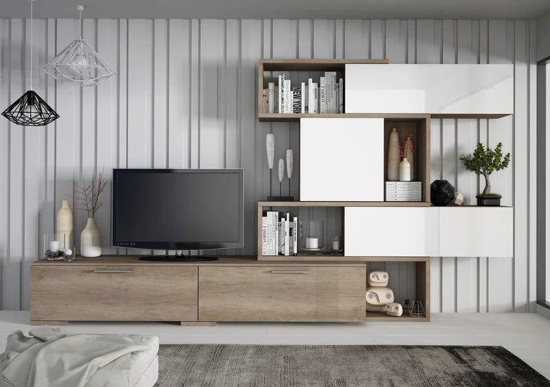 Parete attrezzata lineare o angolare reversibile colore rovere e bianco