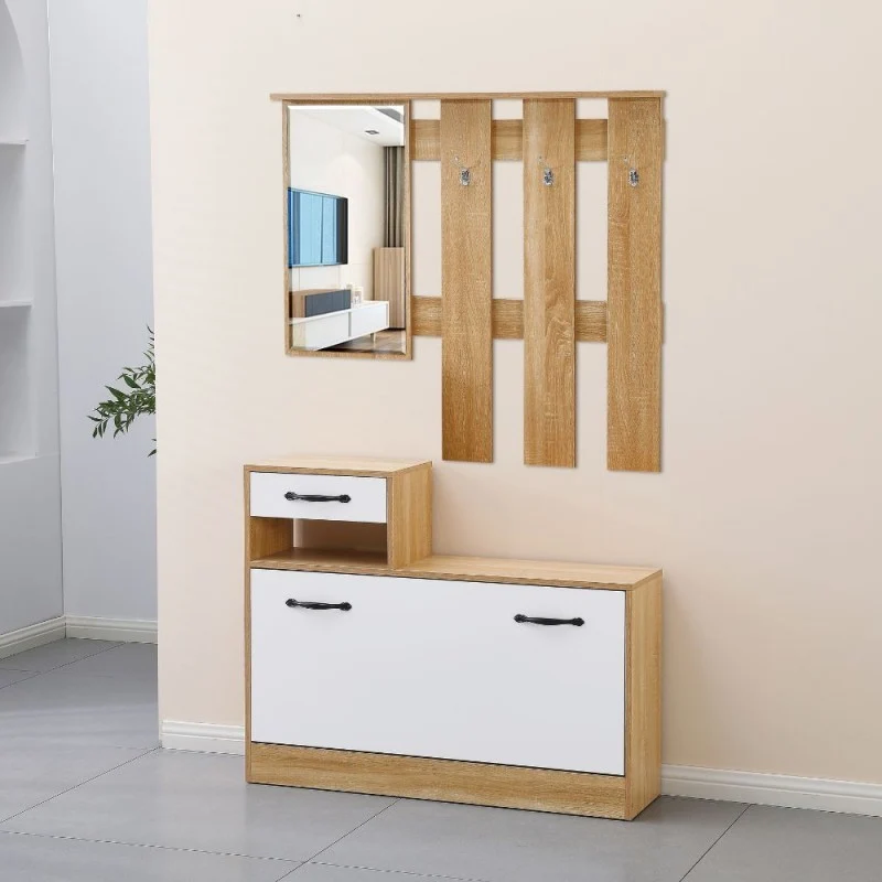 Mobile ingresso 100 cm con specchio e scarpiera colore rovere e bianco lucido - Rudolf