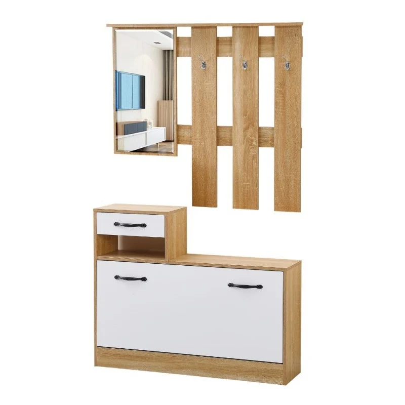 Mobile ingresso 100 cm con specchio e scarpiera colore rovere e bianco lucido - Rudolf