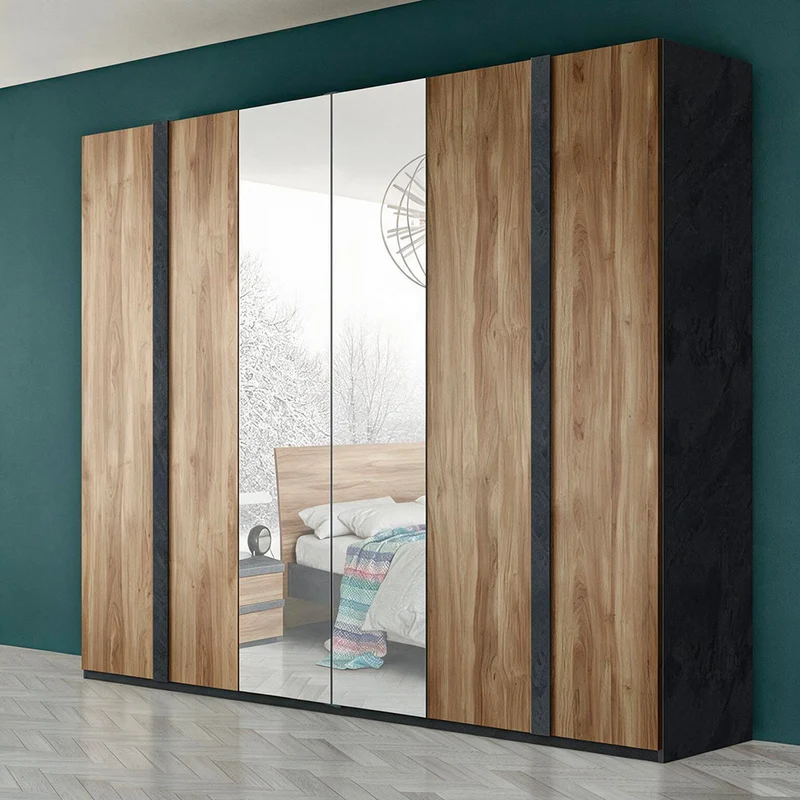 Armadio 6 ante con 2 ante centrali a speccho colore noce dark 258x236H cm - Borghese