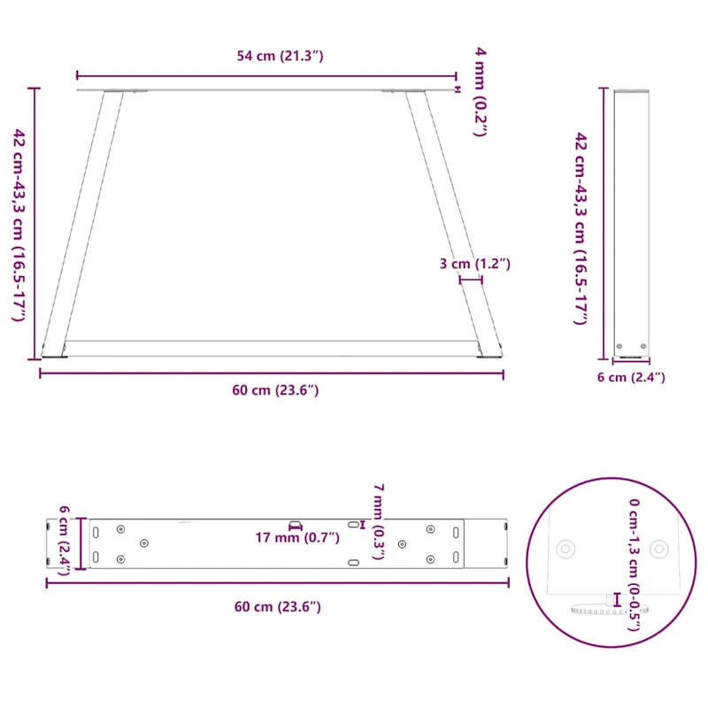 Lot de 2 pieds de table basse géométriques réglables 60 x 42-43,3 cm en acier noir 02_0056847