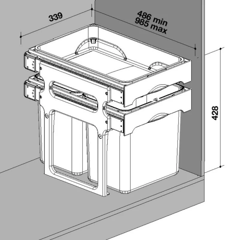 Pattumiera estraibile con 2 contenitori e 1 vassoio colore grigio - Tank40