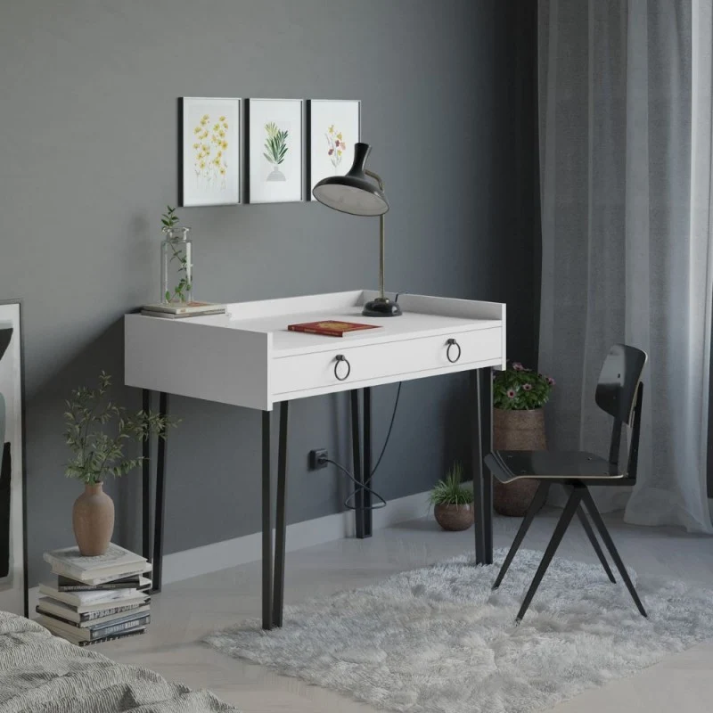 Scrivania in legno 100cm con cassetto colore bianca e gambe in metallo nero - Sponge