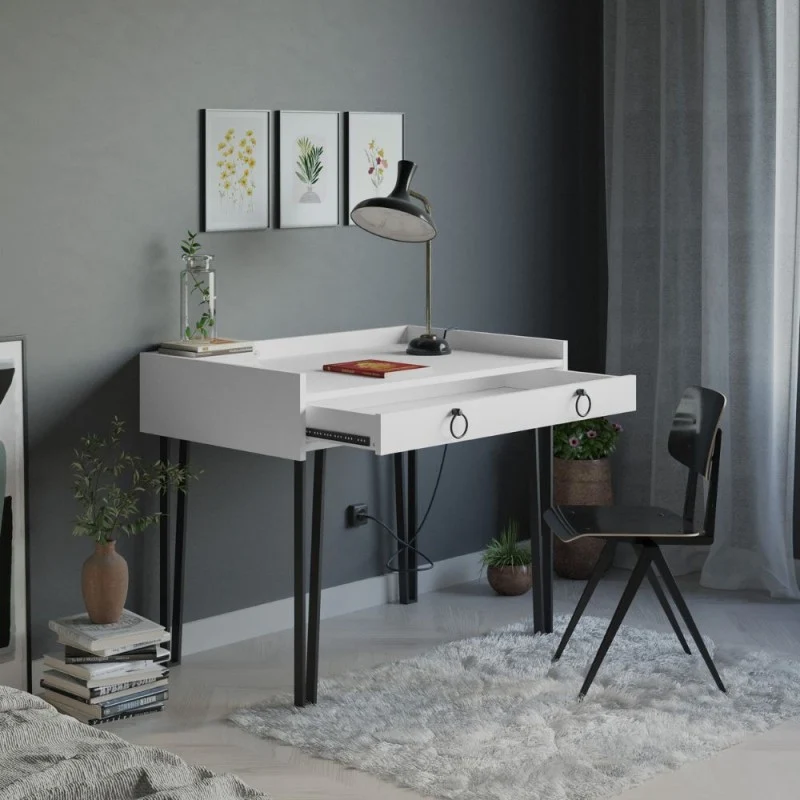 Scrivania in legno 100cm con cassetto colore bianca e gambe in metallo nero - Sponge