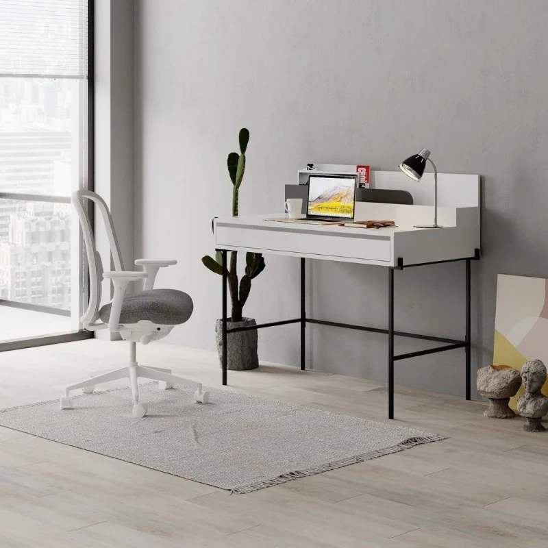 Scrivania in legno 60x110 cm colore bianco con dettagli antracite e gambe colore nero - Leila