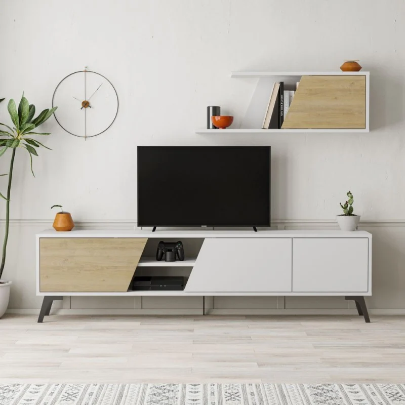 Mobile Porta TV 180cm con mensola a parete colore bianco e rovere - Fiona
