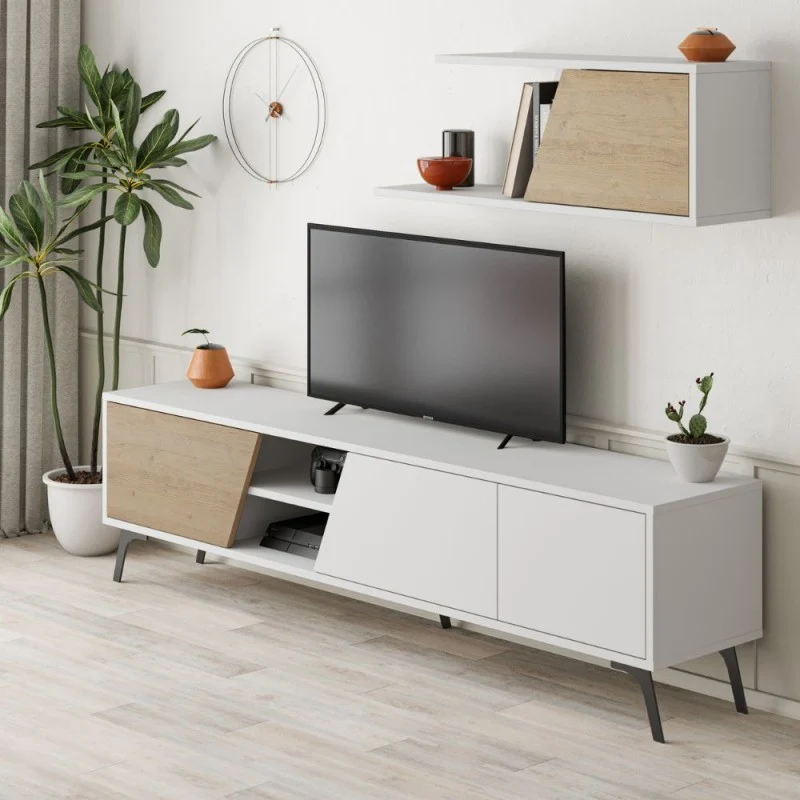 Mobile Porta TV 180cm con mensola a parete colore bianco e rovere - Fiona