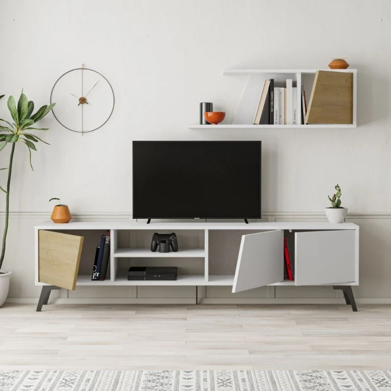 Mobile Porta TV 180cm con mensola a parete colore bianco e rovere - Fiona