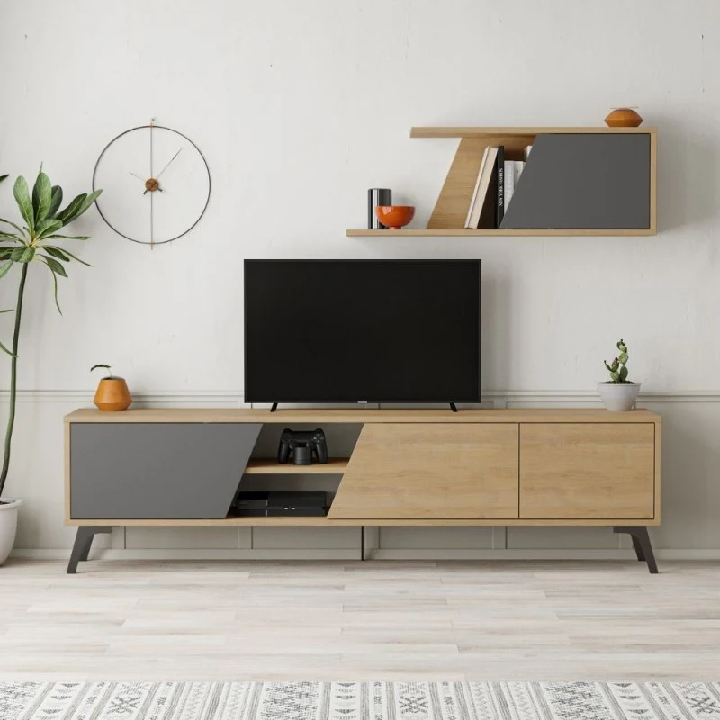 Mobile Porta TV 180cm con mensola a parete colore rovere e antracite - Fiona