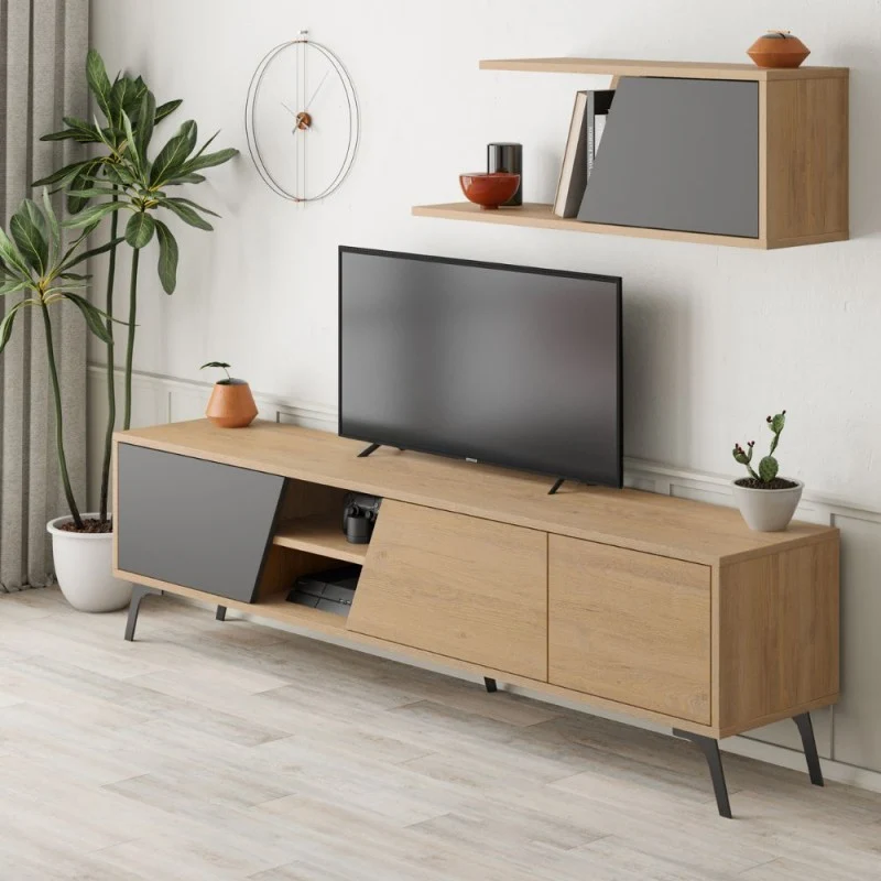 Mobile Porta TV 180cm con mensola a parete colore rovere e antracite - Fiona