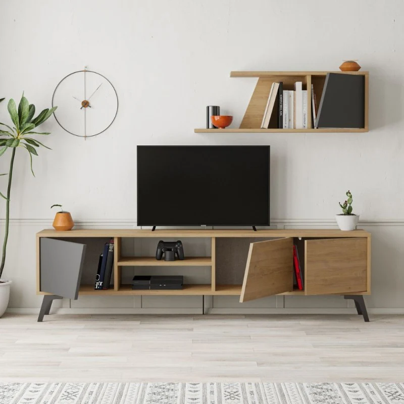 Mobile Porta TV 180cm con mensola a parete colore rovere e antracite - Fiona
