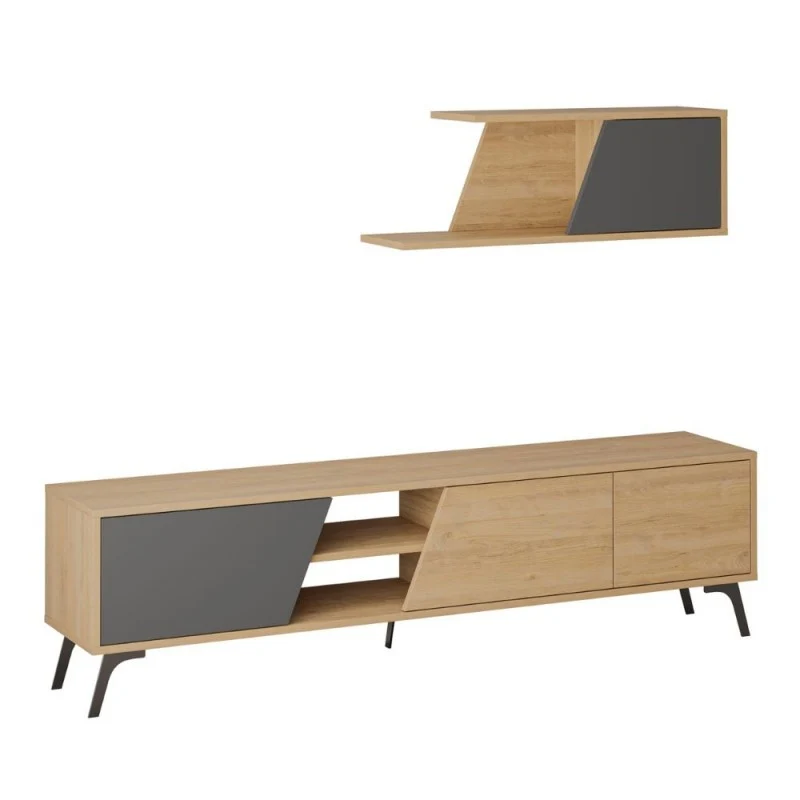 Mobile Porta TV 180cm con mensola a parete colore rovere e antracite - Fiona