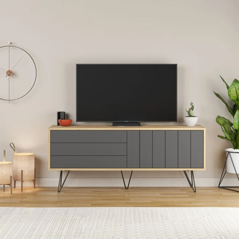 Mobile porta TV 139 cm con due ante a ribalta colore antracite e rovere - Piccadilly