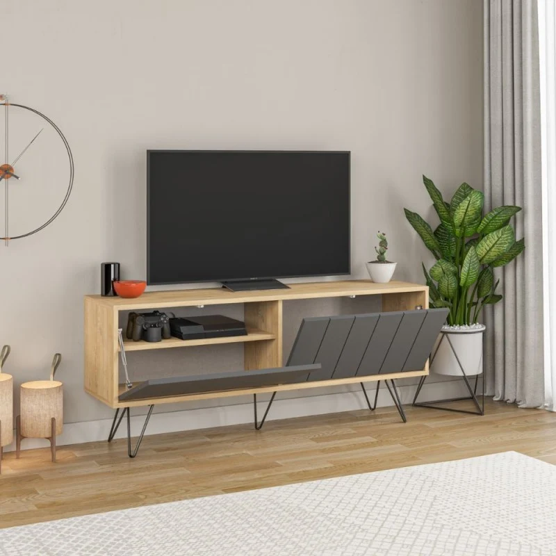 Mobile porta TV 139 cm con due ante a ribalta colore antracite e rovere - Piccadilly