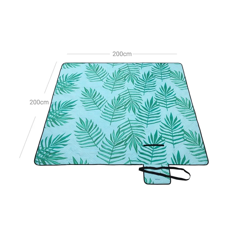 Couverture de pique-nique 200 x 200 cm tapis de plage pour camping parc cour extérieur surface imperméable lavable en machine pliable motif fougère et bleu 12_0001565