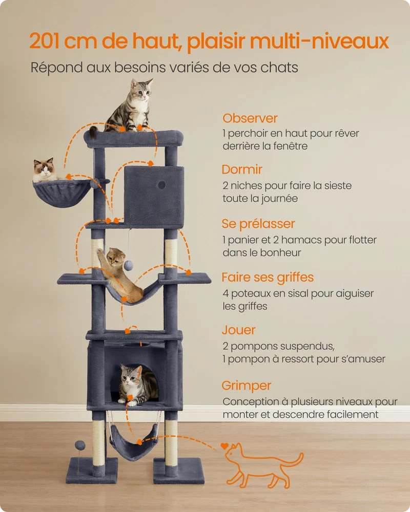 Arbre à chat 201 cm forme de tour taille xxl multi-niveaux 1 plateforme 1 panier 2 niches 2 hamacs dispositif anti-basculement gris clair 12_0003803