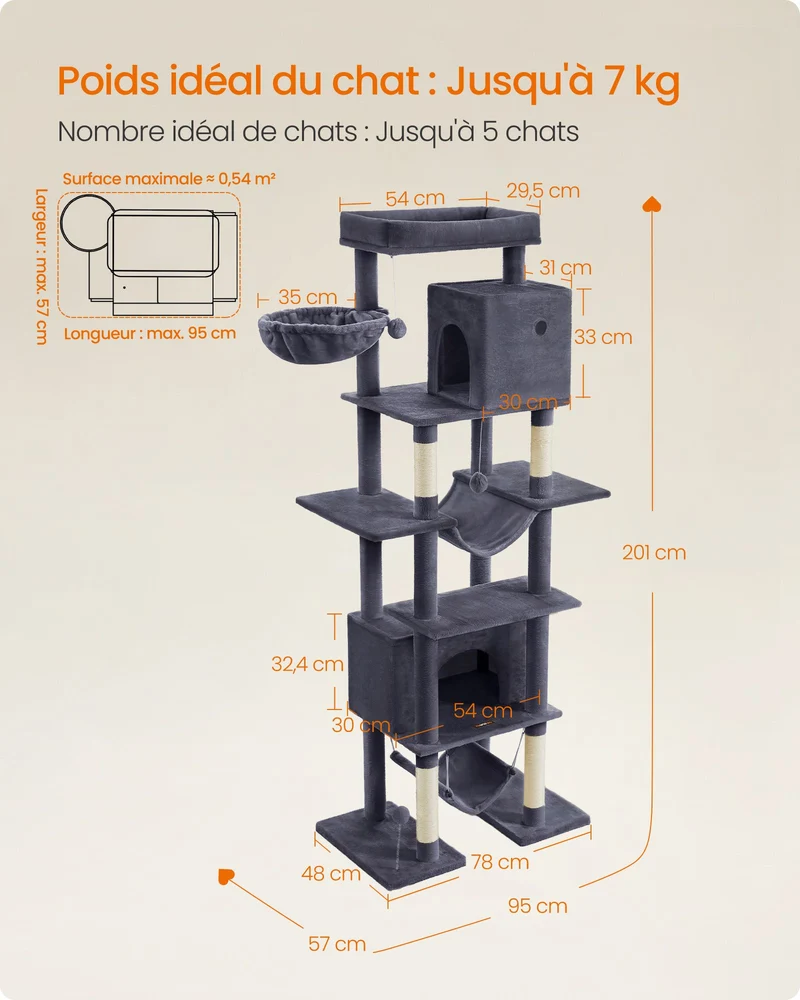 Arbre à chat 201 cm forme de tour taille xxl multi-niveaux 1 plateforme 1 panier 2 niches 2 hamacs dispositif anti-basculement gris clair 12_0003803
