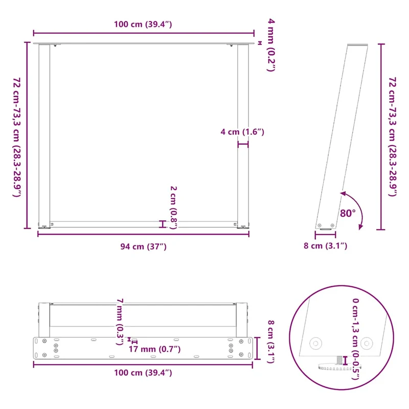 Lot de 2 pieds de table à manger en U design moderne 100 x 73 cm avec patins réglables en acier blanc 02_0057085