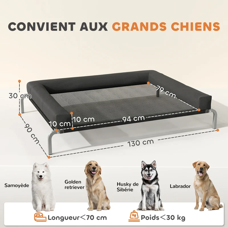 Lit surélevé pour chien intérieur extérieur 130 x 90 x 30 cm assise aérée soutien articulaire moderne en textilène noir 21_0007373
